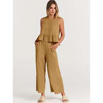 ANRABESS Women Summer 2 Piece Outfits Sleeveless Tank Crop Top Wide Leg Pants Linen Jumpsuits Lounge Matching Beach Sets Light Yellow Small