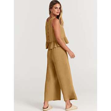 ANRABESS Women Summer 2 Piece Outfits Sleeveless Tank Crop Top Wide Leg Pants Linen Jumpsuits Lounge Matching Beach Sets Light Yellow Small