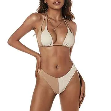 ZAFUL Womens Ribbed Halter Bikini Set Two Tone Color Block Swimsuits High Cut String Bathing Suit