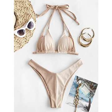 ZAFUL Womens Ribbed Halter Bikini Set Two Tone Color Block Swimsuits High Cut String Bathing Suit