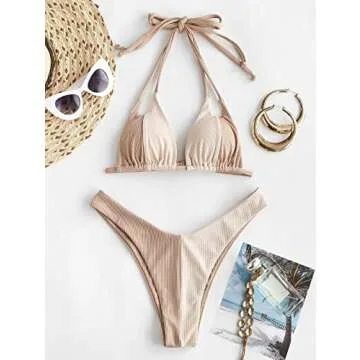 ZAFUL Womens Ribbed Halter Bikini Set Two Tone Color Block Swimsuits High Cut String Bathing Suit