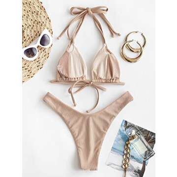 ZAFUL Womens Ribbed Halter Bikini Set Two Tone Color Block Swimsuits High Cut String Bathing Suit