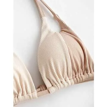 ZAFUL Womens Ribbed Halter Bikini Set Two Tone Color Block Swimsuits High Cut String Bathing Suit
