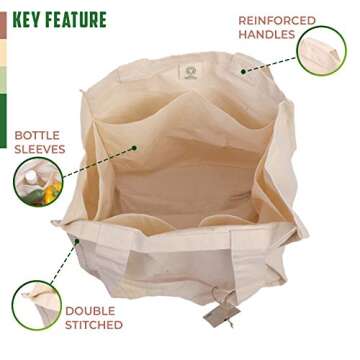 AMOUR INFINI Reusable 100% Organic Cotton Tote Bags with Bottle Sleeves| Set of 1 Grocery Shopping S...