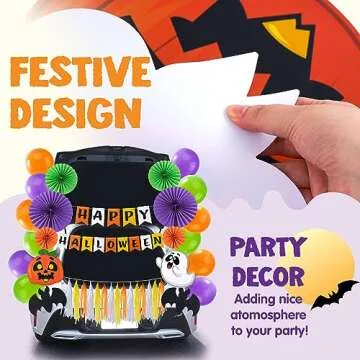 JOYIN Halloween Trunk or Treat Car Decorations Kit with Happy Halloween Themed Design, Car Archway Garage Decoration with Happy Halloween Banner, Paper Fans, Balloons, Tassel and Pumpkin Stickers