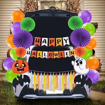 JOYIN Halloween Trunk or Treat Car Decorations Kit with Happy Halloween Themed Design, Car Archway Garage Decoration with Happy Halloween Banner, Paper Fans, Balloons, Tassel and Pumpkin Stickers