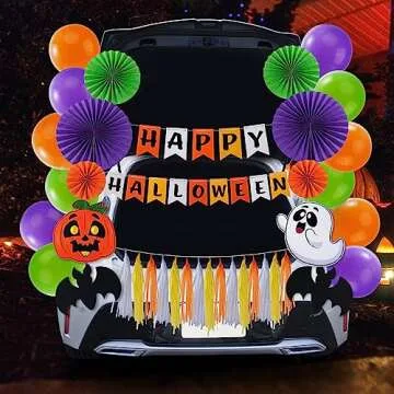 JOYIN Halloween Trunk or Treat Car Decorations Kit with Happy Halloween Themed Design, Car Archway Garage Decoration with Happy Halloween Banner, Paper Fans, Balloons, Tassel and Pumpkin Stickers