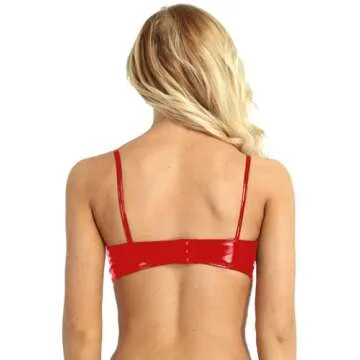ACSUSS Women's Spaghetti Straps PU Leather Metallic Bra Top Wireless Push Up Bustier Clubwear Red Sm...