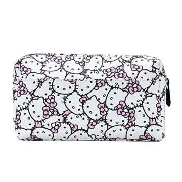 Impressions Vanity Hello Kitty Cosmetic Pouch with Waterproof Faux Leather, Zippered Bag For Travel Size Toiletries, Makeup Bag Organizer With Inside Pocket With Extra Slip Pocket (White/Pink)