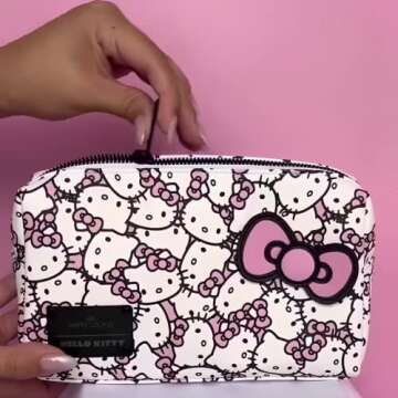 Impressions Vanity Hello Kitty Cosmetic Pouch with Waterproof Faux Leather, Zippered Bag For Travel Size Toiletries, Makeup Bag Organizer With Inside Pocket With Extra Slip Pocket (White/Pink)