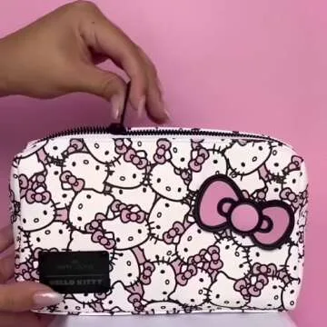 Impressions Vanity Hello Kitty Cosmetic Pouch with Waterproof Faux Leather, Zippered Bag For Travel Size Toiletries, Makeup Bag Organizer With Inside Pocket With Extra Slip Pocket (White/Pink)