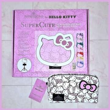 Impressions Vanity Hello Kitty Cosmetic Pouch with Waterproof Faux Leather, Zippered Bag For Travel Size Toiletries, Makeup Bag Organizer With Inside Pocket With Extra Slip Pocket (White/Pink)