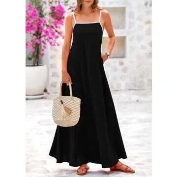 KIRUNDO Women Summer Maxi Dress 2025 Boho Spaghetti Strap Sleeveless Casual Loose Flowy A Line Beach Vacation Long Sundress(Black, Large)