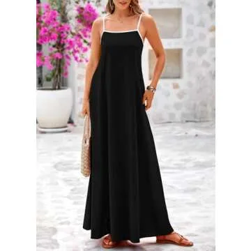 KIRUNDO Women Summer Maxi Dress 2025 Boho Spaghetti Strap Sleeveless Casual Loose Flowy A Line Beach Vacation Long Sundress(Black, Large)