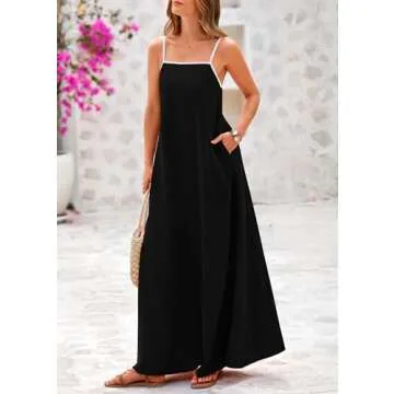 KIRUNDO Women Summer Maxi Dress 2025 Boho Spaghetti Strap Sleeveless Casual Loose Flowy A Line Beach Vacation Long Sundress(Black, Large)