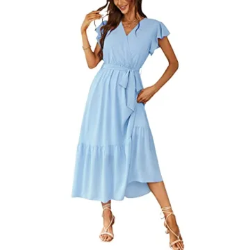 PRETTYGARDEN Women's Summer Floral Boho Dress Wrap V Neck Short Sleeve Ruffle A-Line Flowy Maxi Wedd...