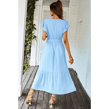 PRETTYGARDEN Women's Summer Floral Boho Dress Wrap V Neck Short Sleeve Ruffle A-Line Flowy Maxi Wedding Guest Dresses (Solid Light Blue,Small)