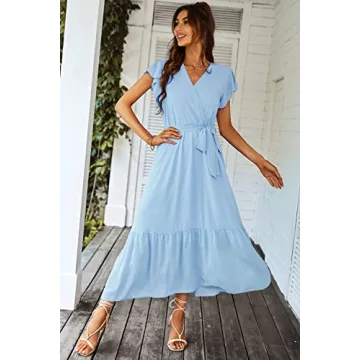 PRETTYGARDEN Women's Summer Floral Boho Dress Wrap V Neck Short Sleeve Ruffle A-Line Flowy Maxi Wedding Guest Dresses (Solid Light Blue,Small)