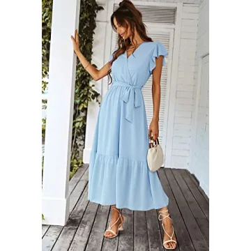 PRETTYGARDEN Women's Summer Floral Boho Dress Wrap V Neck Short Sleeve Ruffle A-Line Flowy Maxi Wedding Guest Dresses (Solid Light Blue,Small)