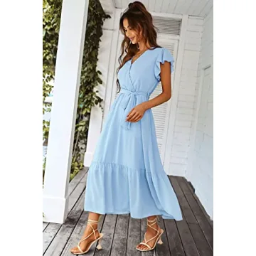 PRETTYGARDEN Women's Summer Floral Boho Dress Wrap V Neck Short Sleeve Ruffle A-Line Flowy Maxi Wedding Guest Dresses (Solid Light Blue,Small)