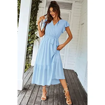 PRETTYGARDEN Women's Summer Floral Boho Dress Wrap V Neck Short Sleeve Ruffle A-Line Flowy Maxi Wedding Guest Dresses (Solid Light Blue,Small)