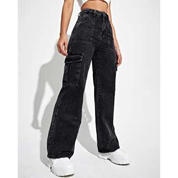 Flvsun Women's Cargo Pants High Waisted Baggy Cargo Jeans Straight Leg Y2K Streetwear Trousers with 6 Pockets for Women Teen Girl S-Black.