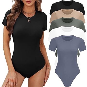 BALENNZ Women's 4/5 Pack Short Sleeve Round Neck Bodysuit Tops Crew Neck Basic Casual Tshirt Bodysuits Large
