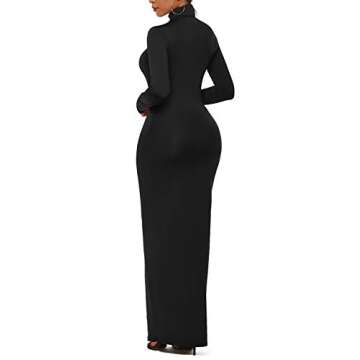 PRIMODA Women's Turtleneck Long Sleeve Bodycon Maxi Dress Casual Long Dress (S Black)
