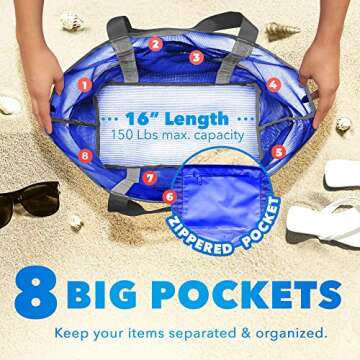 Dejaroo Sand Free Mesh Bag - Versatile Beach Tote with 8 Pockets