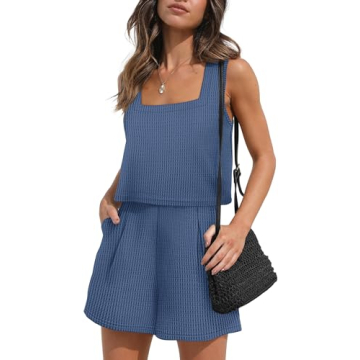 XIEERDUO Summer Two Piece Outfits for Women - Stylish Shorts and Tank Top Set in Light Blue