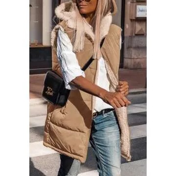 PRETTYGARDEN Womens Fall Reversible Vests Sleeveless Fleece Jacket Zip Up Hoodie Pockets Long Winter Puffer Coat Outerwear (Light Camel,Small)