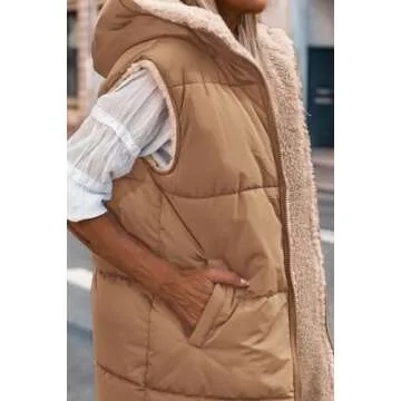 PRETTYGARDEN Womens Fall Reversible Vests Sleeveless Fleece Jacket Zip Up Hoodie Pockets Long Winter Puffer Coat Outerwear (Light Camel,Small)