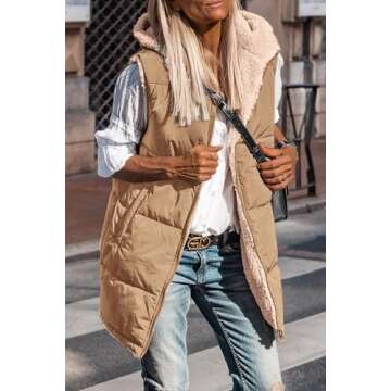PRETTYGARDEN Womens Fall Reversible Vests Sleeveless Fleece Jacket Zip Up Hoodie Pockets Long Winter Puffer Coat Outerwear (Light Camel,Small)