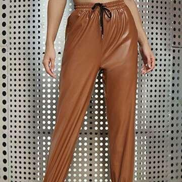 Sunwanar Women's Casual Drawstring Waist Pants Faux Leather Joggers Loose Fit Trousers with Pockets (Brown, L)