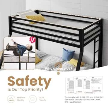 SHA CERLIN Loft Bunk Bed Twin Over Full Size with Ladder and Guardrail,Heavy Duty Metal Slats Support No Box Spring Needed Small Space Saving Furniture for Bedroom Dorm,Black