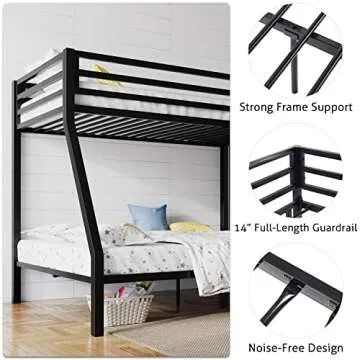 SHA CERLIN Loft Bunk Bed Twin Over Full Size with Ladder and Guardrail,Heavy Duty Metal Slats Support No Box Spring Needed Small Space Saving Furniture for Bedroom Dorm,Black