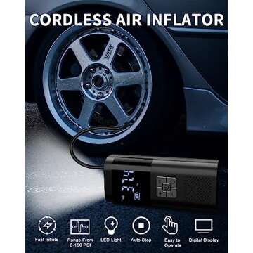 TEMOLA Tire Inflator Portable Air Compressor, Powerful Cordless Tire Inflator with LED Light, Mini Air Pump Car Accessories Essentials for Men, Tire Pump with Pressure Gauge for Car Bicycle (Black)