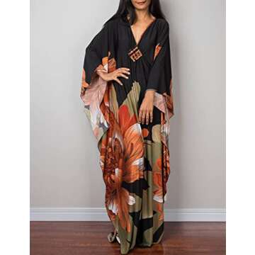 Bsubseach Women Ethnic Print Kaftan Beach Dress Plus Size Swimsuit Cover Up Orange Green Flower