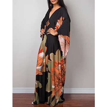 Bsubseach Women Ethnic Print Kaftan Beach Dress Plus Size Swimsuit Cover Up Orange Green Flower