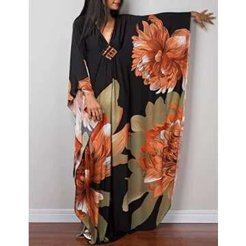 Bsubseach Women Ethnic Print Kaftan Beach Dress Plus Size Swimsuit Cover Up Orange Green Flower