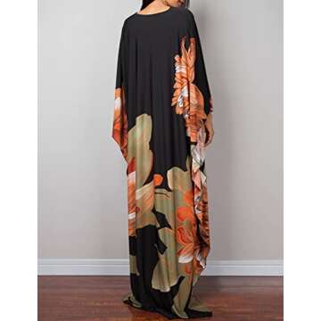 Bsubseach Women Ethnic Print Kaftan Beach Dress Plus Size Swimsuit Cover Up Orange Green Flower