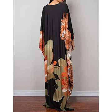 Bsubseach Women Ethnic Print Kaftan Beach Dress Plus Size Swimsuit Cover Up Orange Green Flower