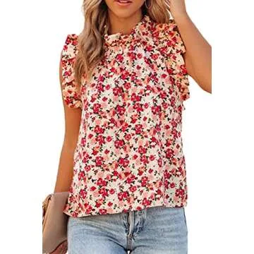 Allimy Women Summer Casual 2025 Sleeveless Chiffon Blouses Floral Loose Fit Tank Tops Red Small