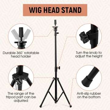Goodofferplace Tall Wig Tripod Stand with Head,23 Inch Wig Head Stand with Canvas Mannequin Head for Styling,Wig Making Display,with Wig Caps,T-PIN,C Needles,Clips,Carrying Bag,Comb(37.4-50.8 Inch)