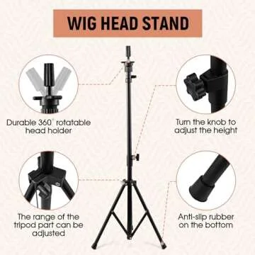 Goodofferplace Tall Wig Tripod Stand with Head,23 Inch Wig Head Stand with Canvas Mannequin Head for Styling,Wig Making Display,with Wig Caps,T-PIN,C Needles,Clips,Carrying Bag,Comb(37.4-50.8 Inch)