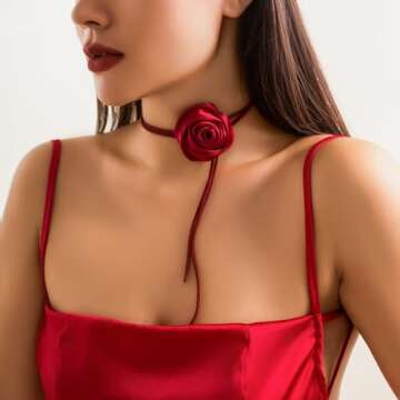 Rumtock Silk Red Rose Flower Thin Long Chain Choker Velvet Necklace for Women Wedding Prom Dainty Dressy Jewelry Banquet Necklace (Red)