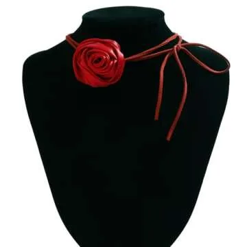 Rumtock Silk Red Rose Flower Thin Long Chain Choker Velvet Necklace for Women Wedding Prom Dainty Dressy Jewelry Banquet Necklace (Red)