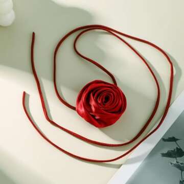 Rumtock Silk Red Rose Flower Thin Long Chain Choker Velvet Necklace for Women Wedding Prom Dainty Dressy Jewelry Banquet Necklace (Red)