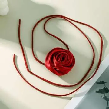 Rumtock Silk Red Rose Flower Thin Long Chain Choker Velvet Necklace for Women Wedding Prom Dainty Dressy Jewelry Banquet Necklace (Red)