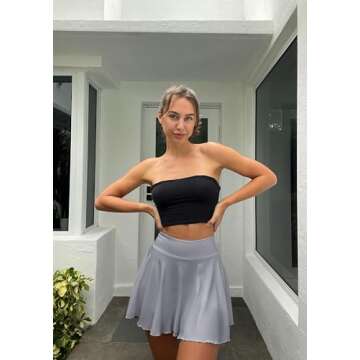 OQQ Women 2 Piece Skirts 2 in 1 Flowy Basic Versatile Stretchy Flared Casual Mini Skirts Blakc Grey
